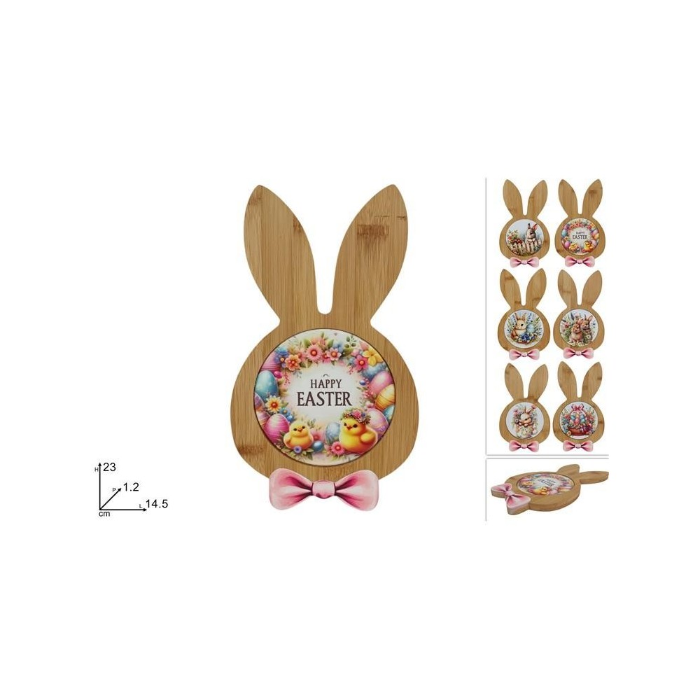 TAGLIERE LEGNO CONIGLIO CON DECORO CERAMICA 6ASS